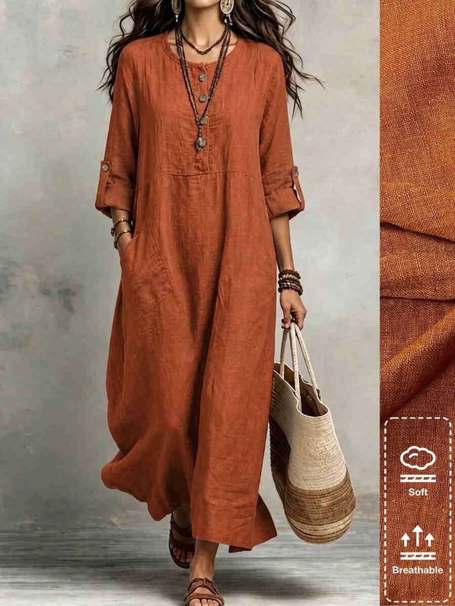 Linhara CURVE Women's Plus Size Loose Casual Solid Color Long Dress, Long Sleeve, Button, Round Neck, Casual Straight Dress, Lightweight Texture Hem Slit Flowy Long Sleeve Maxi Dress, Suitable For Outings, Vacation, Daily Wear - Brown - View 1