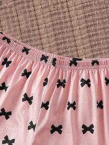 (Random 1 Set) Tween Girls Pajamas Bow Print Camisole Top With Short Sleeve Combination Loungewear - Multicolor - View 4