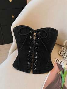 SHEIN MOD 女款細肩帶設計休閒百搭日常穿搭抹胸牛仔上衣 - 黑色 - 查看 6