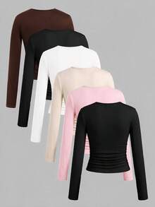 SHEIN Girlism Kids Tween Girl Slim Fit Casual Knit Solid Color Crew Neck Ruched Long Sleeve T-Shirt 5pcs Set Fall/Winter - Multicolor - View 2