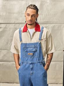 Norleigh Celana Bib Denim Kasual Pria dengan Bordir Huruf dan Kantong, Cocok untuk Semua Gaya - Medium Wash - View 6