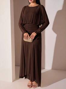 Veilorie Women's Elegant Solid Color Long Dress For Party - Coffee Brown - View 1