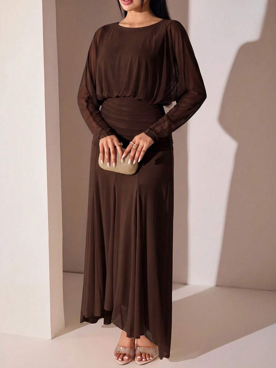 Veilorie Women's Elegant Solid Color Long Dress For Party - Coffee Brown - View 1