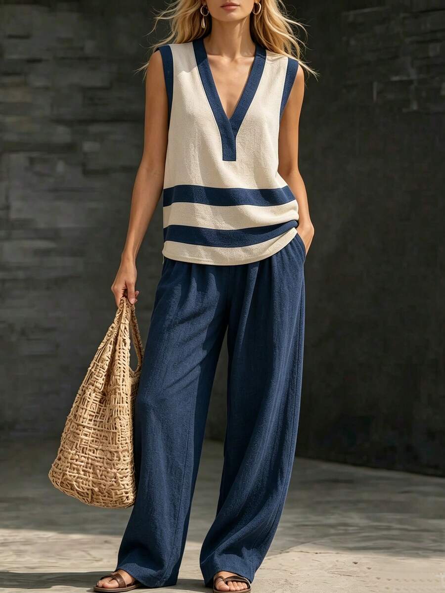 Linhara CURVE Plus Size Navy Blue Colorblock Sleeveless Shirt And Wide Leg Pants 2 Pieces Set - Multicolor - View 1