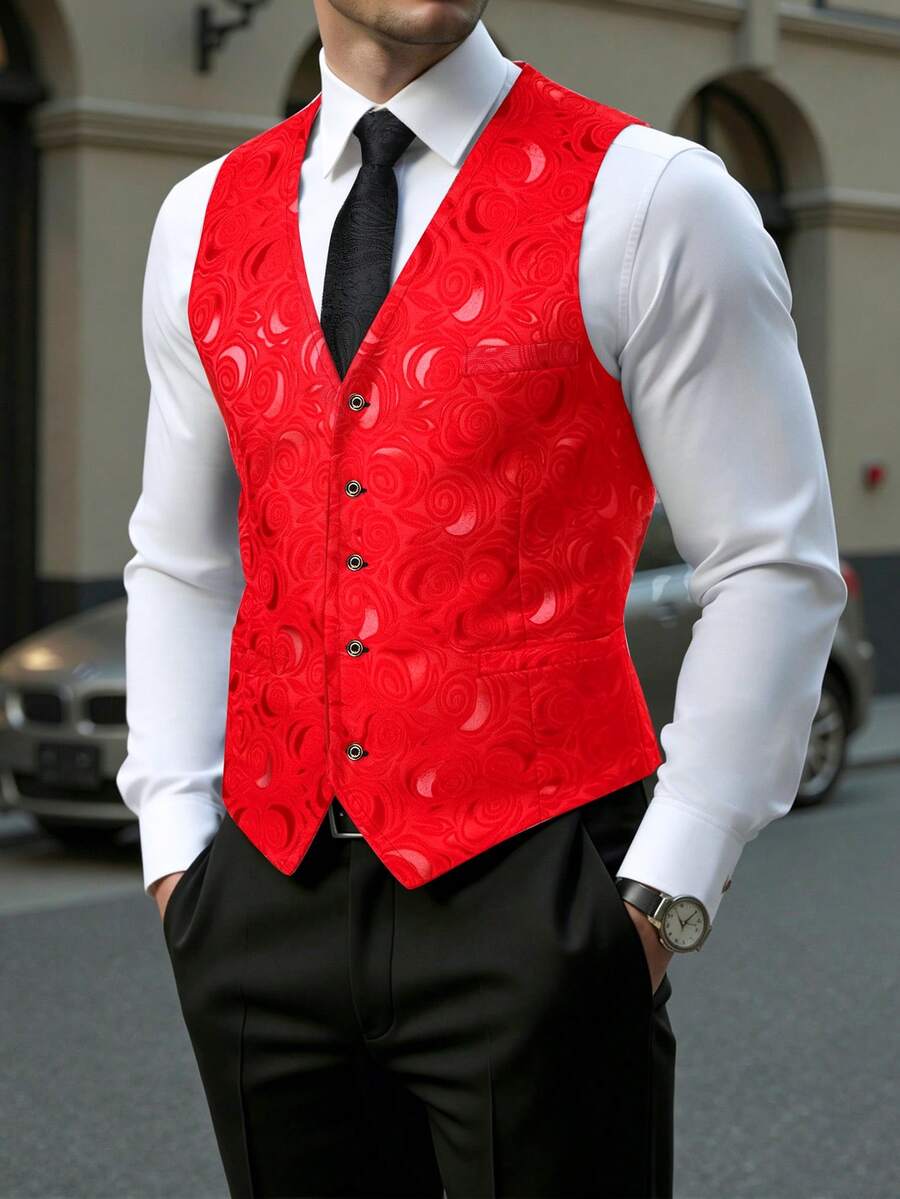 Calvornis Men's Jacquard Single-Breasted V-Neck Suit Vest - Red - View 1