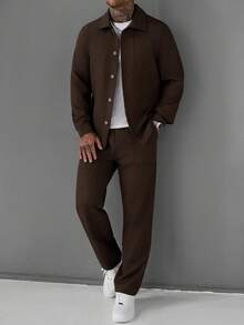 Manfinity Homme 男士休閒時尚寬鬆長袖夾克套裝，外出必備，送給家人和朋友的完美禮物，男士套裝，棕色兩件套 - 卡其色 - 查看 5