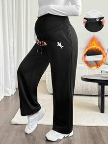 SHEIN Maternity Knight Print Adjustable Waist Wide Leg Loose Casual Sweatpants - Black - View 1