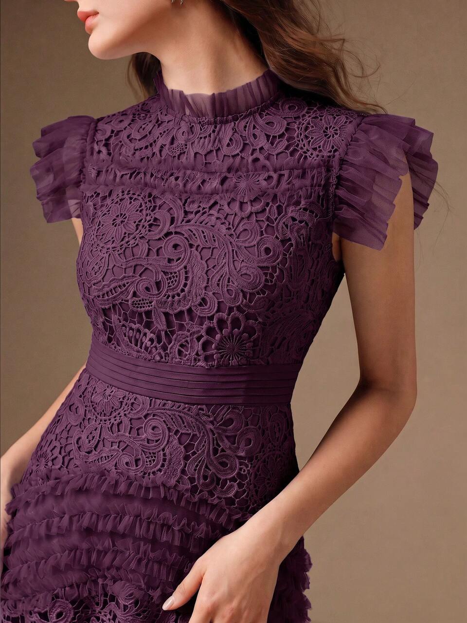 Women's Elegant Round Neck Hollow Embroidery Water-Soluble Lace Cinched Waist Flared Hem Ruffle Short Sleeve Dress, Formal Chic Suitable For Work Graduation Party Wedding