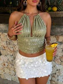 Orbivine Women's Plus Size Sexy Celestial Sequin Metallic Decor Tank Top, Suitable For Evening Party Girls Night Rave, Gathering, Date Sage Green Summer - Green - View 6