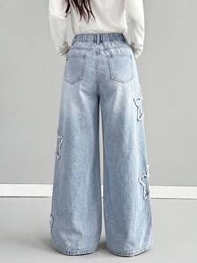 SHEIN Girlism 青少年女孩時尚休閒 Y2K 復古酷炫街頭返校大學風 藍色丹寧寬鬆寬腿牛仔褲，流蘇星形補丁設計，適合柔軟日常穿著、秋冬季、電音節慶與街頭穿搭 - 淺色水洗藍 - 查看 2