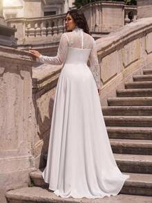 Glamrae Robe de mariée grande taille élégante, glamour et romantique, en tricot extensible blanc avec dentelle contrastante, manches longues, col en dentelle transparente, bordure en dentelle, volants plissés, taille en V et ourlet évasé (robe de mariée à travail lourd) - Blanc - Voir 3