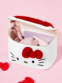 HELLO KITTY AND FRIENDS | SHEIN 可愛貓咪印花大容量聚酯纖維化妝包，附3D蝴蝶結與提把，旅行與日常使用化妝收納袋 - 紅色蝴蝶結款 - 查看 2