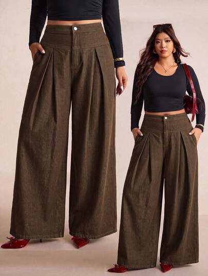 Elaquor Plus Size Casual Brown Color Suit Pattern Pleat Jeans, Casual Versatile Jeans, High Waist Pants For Women, Warm Denim Fabric, Elegant Office Wear.