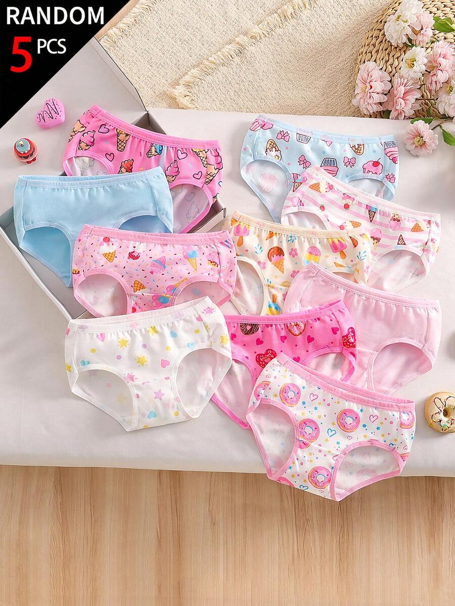 SHEIN 5件組隨機盲盒女童幼兒內褲,可愛甜點印花組合系列,含冰淇淋、棒棒冰、甜甜圈、蝴蝶結元素,粉色、淺藍色、白色、深粉色、米色色調,柔軟光滑觸感,針織布料製成,高彈性內褲套裝,適合四季穿著 - 彩色 - 查看 1