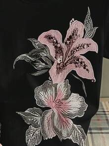 復古甜美百合花卉印花，青少年女孩修身休閒簡約舒適圓領緊身長短袖T恤，適合夏季，街頭復古風，輕鬆舒適，兒童秋季疊穿，Y2K，運動套裝，外出，街拍，校園，慵懶隨性 - 彩色 - 查看 5