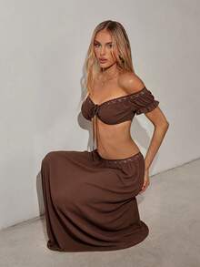 SHEIN ICON Women's Solid Color Shoulder Top And Pleated Skirt Fashion Two Pieces Set - Brown - View 5