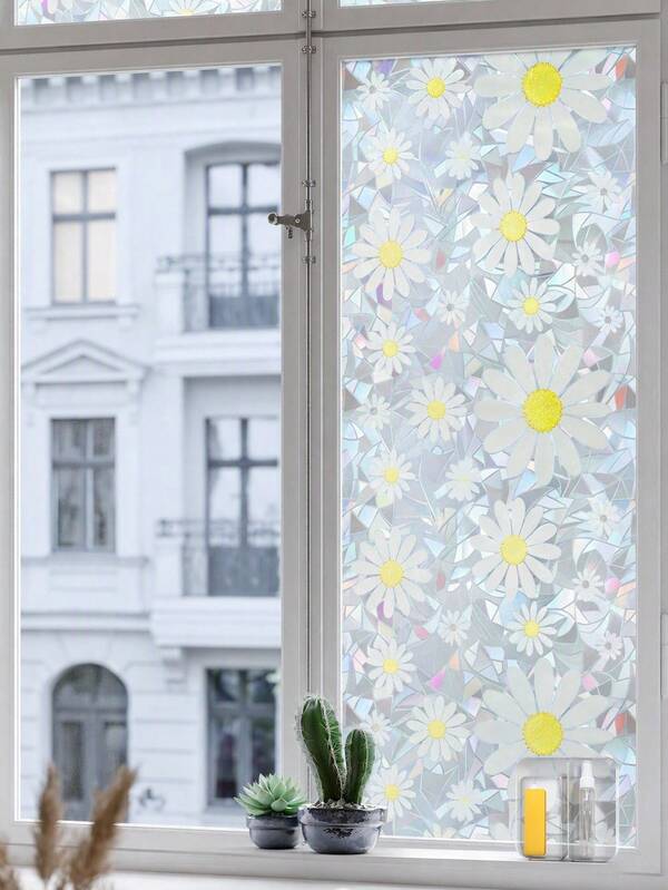 Haus Hana 1 Roll White Daisy Window Film, 44.5cm(17.5in) Width, Static Cling Non-Adhesive Privacy Glass Sticker, Mosaic Rainbow Holographic Iridescent Effect, UV Blocking, Removable No Residue, Renter Friendly, With Free Installation Tools, For Kitchen Bathroom Bedroom Sliding Door Office Home Decor