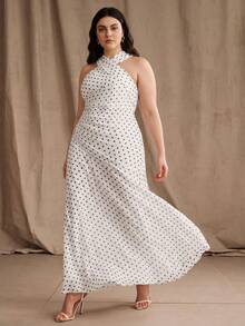 Anewsta Gaun Plus Size Musim Semi/Gugur Elegan Bergaya Surgawi untuk Pernikahan, Pesta, Acara Santai, Gaun Maxi Panjang Formal Putih dengan Leher Halter dan Detail Kerut yang Seksi - Putih - View 3