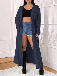 SHEIN EZwear 大尺碼女款素色長袖羅紋開襟休閒長版開襟外套 秋季 - 藏蓝色 - 查看 3