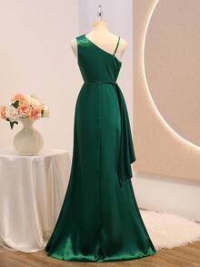 Wedding Season Girls' Premium Satin One-Shoulder Spaghetti Strap Ruffle Hem Fitted Slit Long Dress For Ball, Performance, Birthday Party, Banquet, Evening Gala, All Seasons - Dark Green - View 2
