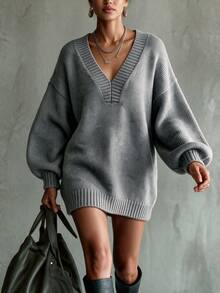 SHEIN Premium Dark Gray V-Neck Dropped Shoulder Knit Sweater - Grey - View 5