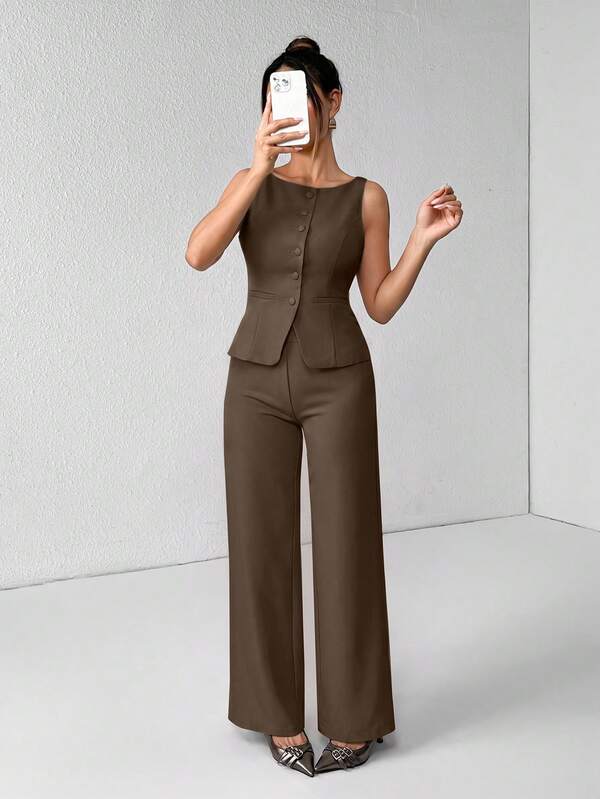 SHEIN PETITE Women's Solid Color Round Neck Single-Breasted Vest & Long Pants Elegant Commute Set - Suitable For Summer And Autumn, Covering Business Casual And Office Wear Styles