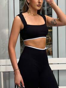 hollyjadebate Women's Minimalist Contrast Trim Wireless Sports Bra And Leggings Set Black - Black - View 3