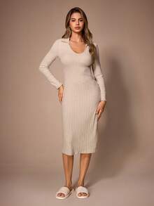 Lazeform Solid Color Knitted Long Sleeve V-Neck Fitted Nightgown, Wearable As Loungewear Dress - Apricot - View 3
