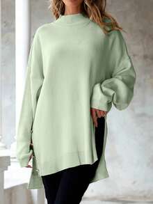 EURMUSE Plus Size Solid Color Stand Collar Long Sleeve Button-Up Casual Pullover Sweater - Mint Green - View 4