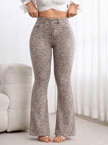 Flexra Plus Size Leopard Print High Waist Slimming Flare Leg Jeans - Multicolor - View 4