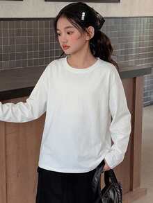 Dazy Kids 青少年女孩純色圓領落肩長袖休閒寬鬆T恤 - 白色 - 查看 5