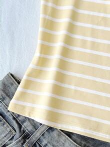 SHEIN Tween Girl Summer Casual Striped Short Sleeve T-Shirt - Yellow - View 4