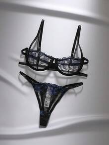 EmpressEnvy 2pcs/Set Romantic Embroidery Women's Lingerie Sexy Bra And Thong Panty Set - Black - View 1