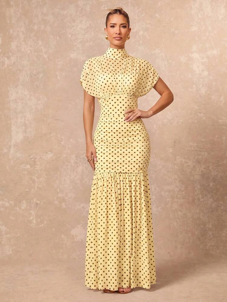 Lumalex Polka Dot Soft Flowy Mesh High Neck Ruched Waist Bodycon Dress For Women - Light Yellow - View 4
