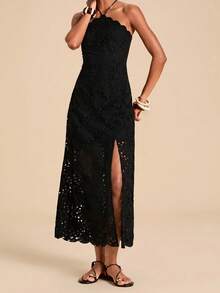 Travachic Halter Neck Split Embroidered Backless Sleeveless Summer Heavy Work Dress Elegant Fall Outfits Boho&Vacation - Black - View 8