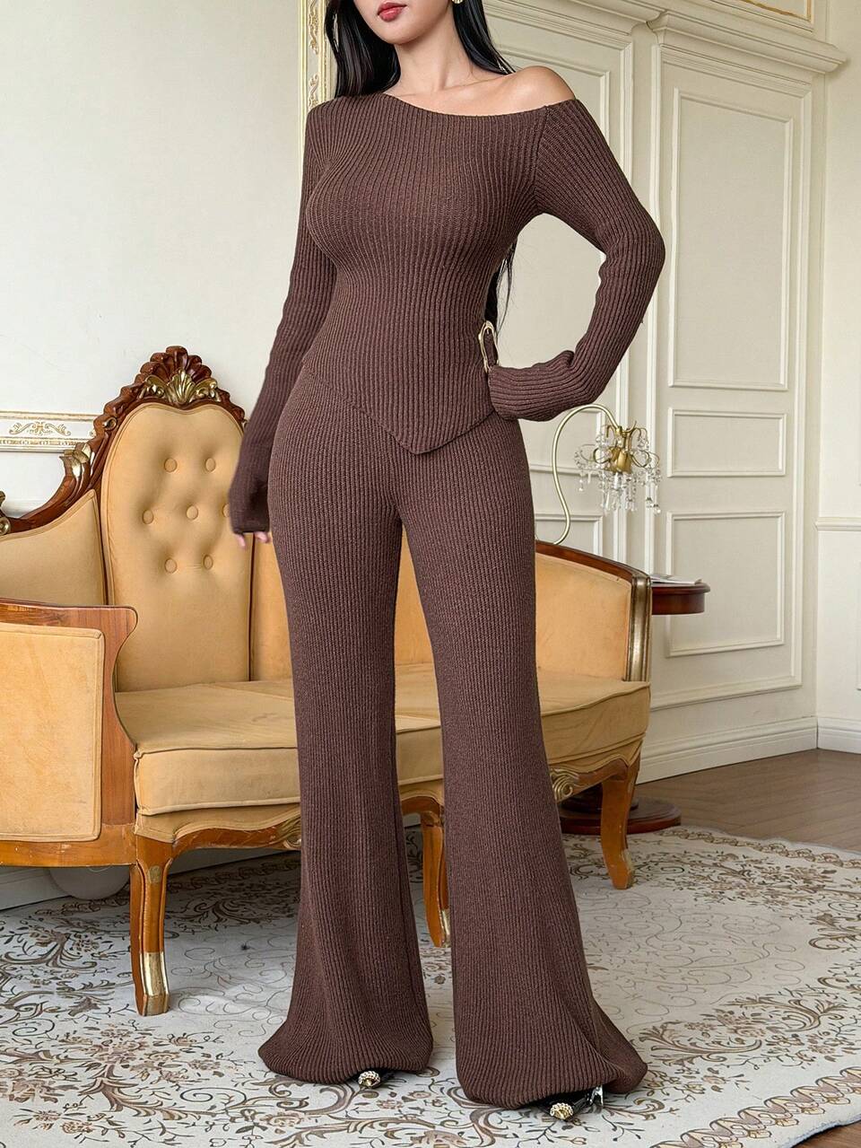 Autumn Asymmetrical Neck Long Sleeve Slim Fit Sweater & Long Flare Pants Coffee Color Elegant Women's 2 Pieces Set