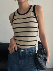 Easowa Women's Sweater Stripe, Summer 90s Retro French Classic Elegant Minimalist Sporty Casual, Work Office Brunch Beige - Multicolor - View 2
