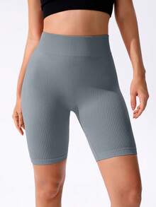 SHEIN Sports 女款純色高腰日常健身運動短褲 - 灰色 - 查看 3