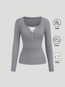 Sweetra 女款秋季半開領鏤空裝飾蕾絲 2 合 1 長袖素色 T-Shirt - 灰色 - 查看 1