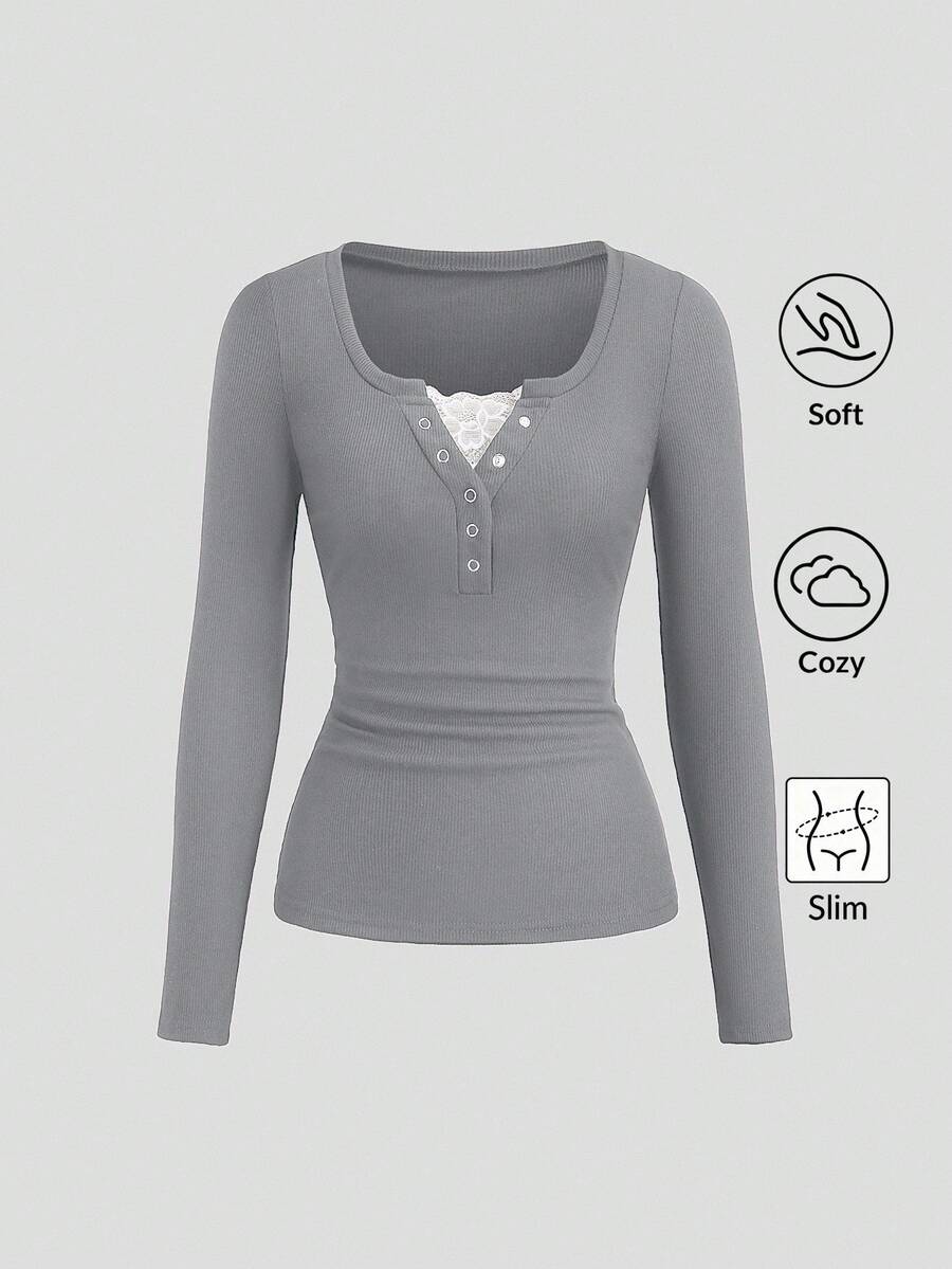 Sweetra 女款秋季半開領鏤空裝飾蕾絲 2 合 1 長袖素色 T-Shirt - 灰色 - 查看 1