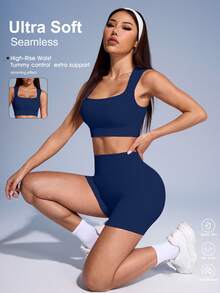 SHEIN Sovereign Charm 女款純色短版上衣與高腰短褲休閒日常運動套裝 - 藏蓝色 - 查看 2