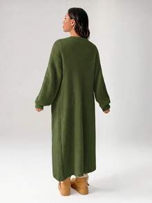 SHEIN PETITE 女款秋冬外出保暖針織開襟衫 - 軍綠色 - 查看 2