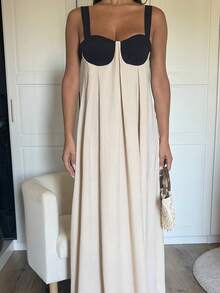 Ronhire Summer Elegant Black And Beige Holiday Vacation Holiday Dress,Women's Backless Spaghetti Strap Pleated Waist Loose Evening Party Wedding Dress - Khaki - View 4
