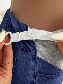 SHEIN 孕婦牛仔褲休閒寬鬆藍色九分褲，附拼接腰頭 - 深色水洗藍 - 查看 7