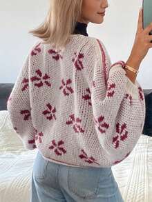 DAZY Women's Floral Jacquard Loose Lantern Sleeve Boat Neck Casual Vacation Spring Autumn Pullover Knit Sweater - Pink - View 6