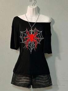 Attitoon 休閒極簡落肩女款 T-shirt，蜘蛛印花圖案，適合夏季 - 黑色 - 查看 6