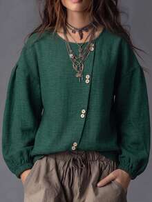 Zayélia Spring/Autumn Women's Casual Blouse With Round Neck Puff Sleeves Asymmetric Button Closure Suitable For Commuting Vacation Brunch Dark Green - Dark Green - View 5