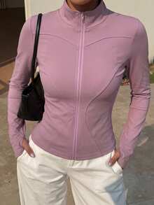 DAZY 女款純色彈性小立領修身長袖夾克，運動休閒，春秋款 - 淺灰紫 - 查看 2