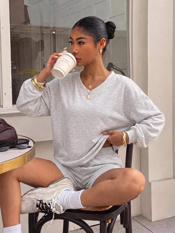 Muchica Basic Heather Gray Sweatshirt And Shorts Set For Women Casual Sportswear Loungewear, Elegant Vacation Festival Outfit, Back To School, Comfy Two Piece