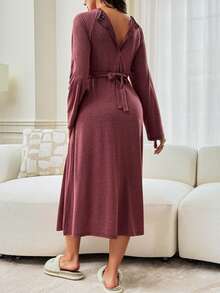 Slowluna Solid Color Raglan Long Sleeve Dress,Autumn Outfit For Women - Burgundy - View 2